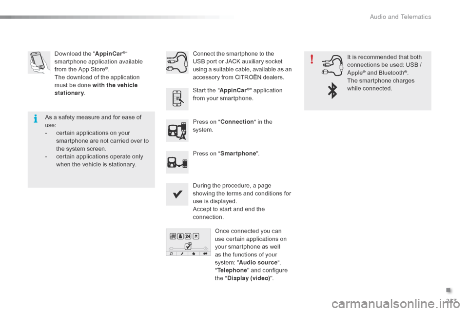 Citroen C1 RHD 2016 1.G Owners Manual 213
Download the "A ppinCar®" 
smartphone a
pplication a
vailable f

rom
 
the
 
App
 
Store
®.
The
 
download
 
of
 
the   application  
m

ust
 
be
 
done
 
with the vehicle 
stati