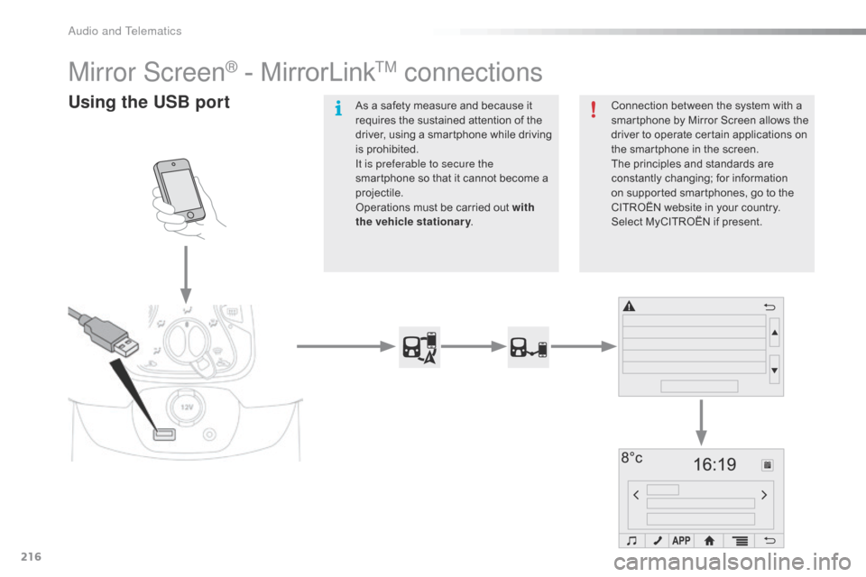 Citroen C1 RHD 2016 1.G Owners Manual 216
Mirror Screen® - MirrorLinkTM connections
Using the USB portConnection between the system with a smartphone   by   Mirror   Screen   allows   the  
d

river   to   operate   cert