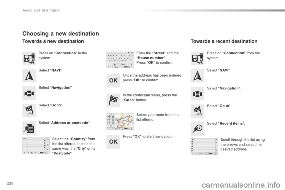 Citroen C1 RHD 2016 1.G Owners Manual 228
Choosing a new destination
Select "Go to".
Select "Go to".
In
  the   contextual   menu,   press   the  
"
G
 o to
"   button.
Select " Address or postcode ".
Select "Recent items ".
Select