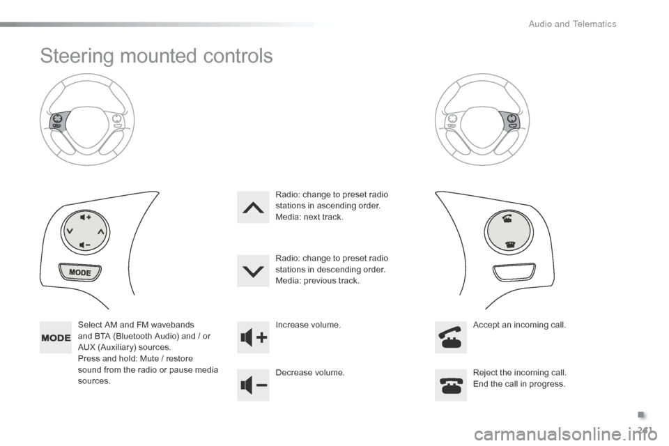 Citroen C1 RHD 2016 1.G Owners Manual 241
Steering mounted controls
Select AM and FM wavebands and  BTA  (Bluetooth  Audio)  and  /  or Â
A
UXÂ (Auxiliary) Â sources.
Press
 and  hold:  Mute  /  restore Â
Citroen C1 RHD 2016 1.G Owners Manual 241
Steering mounted controls
Select AM and FM wavebands and  BTA  (Bluetooth  Audio)  and  /  or Â
A
UXÂ (Auxiliary) Â sources.
Press
 and  hold:  Mute  /  restore Â