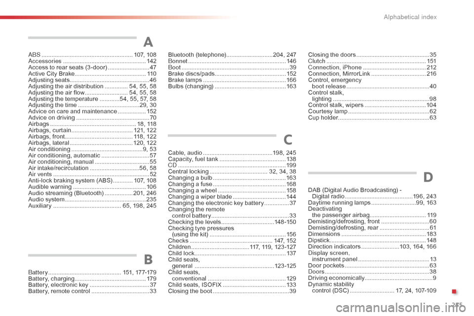 Citroen C1 RHD 2016 1.G Owners Manual 255
ABS .......................................................107, 10 8
Accessories .............................. ....................142
Access
  to   rear   seats   (3 -door)  
...........