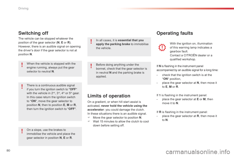Citroen C1 RHD 2016 1.G Owners Manual 80
The vehicle can be stopped whatever the position   of   the   gear   selector   (N , E or R ).
However,
  there   is   an   audible   signal   on   opening  
t

he   drivers �