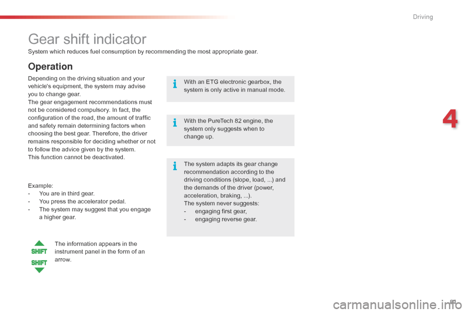 Citroen C1 RHD 2016 1.G User Guide 81
System which reduces fuel consumption by recommending the most appropriate gear.
Gear shift indicator
Operation
Example:
- Y ou are in third gear.
-
Y
ou press th Citroen C1 RHD 2016 1.G User Guide 81
System which reduces fuel consumption by recommending the most appropriate gear.
Gear shift indicator
Operation
Example:
- Y ou are in third gear.
-
Y
ou press th