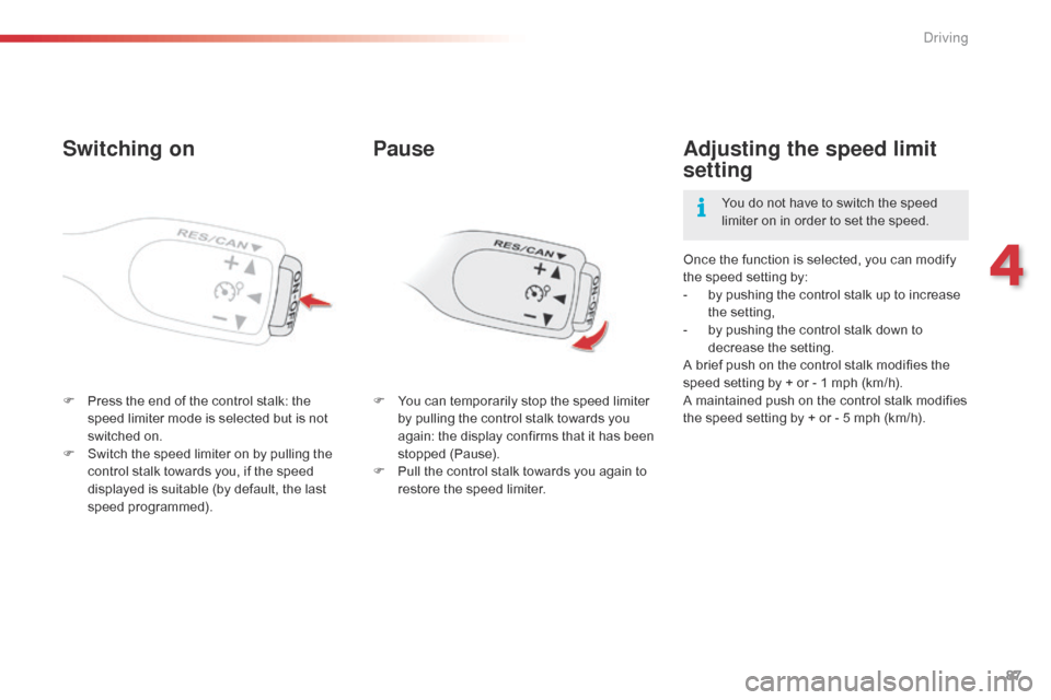 Citroen C1 RHD 2016 1.G Manual Online 87
Switching on
F Press the  end  of  the  control  stalk:  the  s
peed  limiter  mode  is  selected  but  is  not Â
s
witched  on.
F
Â
S
witch  the  speed  l Citroen C1 RHD 2016 1.G Manual Online 87
Switching on
F Press the  end  of  the  control  stalk:  the  s
peed  limiter  mode  is  selected  but  is  not Â
s
witched  on.
F
Â
S
witch  the  speed  l