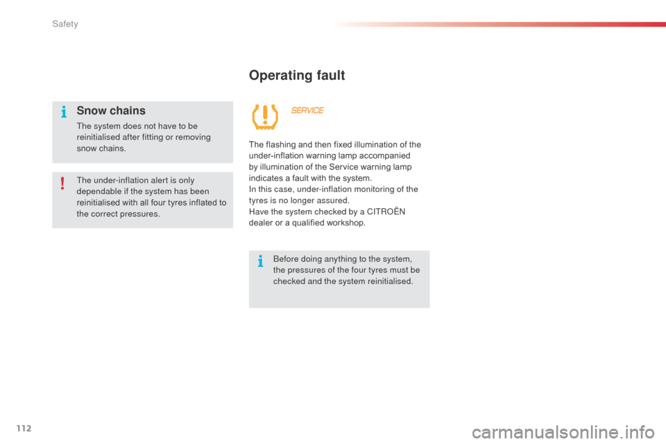 Citroen C3 PICASSO 2016 1.G Owners Manual 112
C3Picasso_en_Chap08_securite_ed01-2015
Operating fault
Before doing anything to the system, 
the pressures of the four tyres must be 
checked and the system reinitialised.
The flashing and then fi