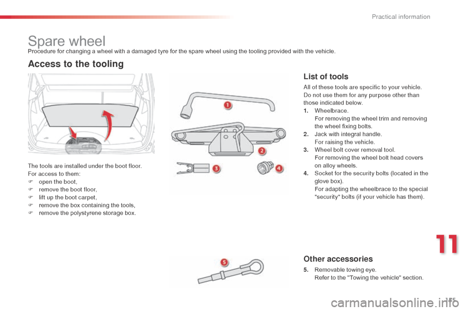 Citroen C3 PICASSO 2016 1.G Owners Manual 155
C3Picasso_en_Chap11_informations-pratiques_ed01-2015
Spare wheel
The tools are installed under the boot floor.
For access to them:
F 
o
 pen the boot,
F
 
r
 emove the boot floor,
F
 
l
 ift up th