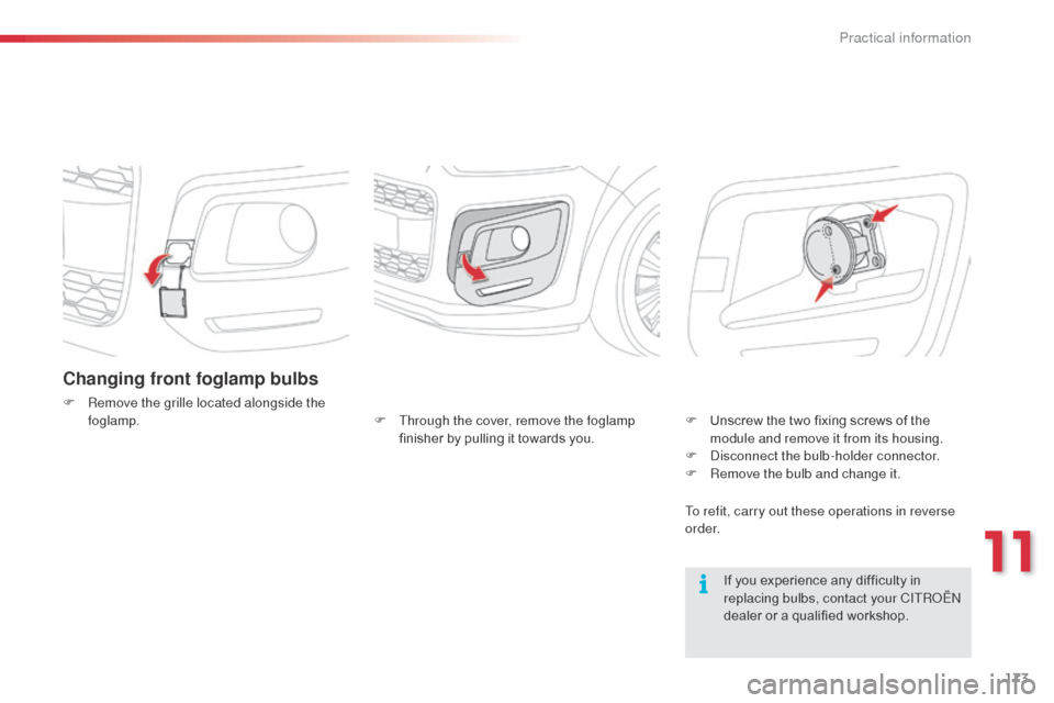 Citroen C3 PICASSO 2016 1.G Owners Guide 173
C3Picasso_en_Chap11_informations-pratiques_ed01-2015
Changing front foglamp bulbs
F Remove the grille located alongside the foglamp.
If you experience any difficulty in 
replacing bulbs, contact y
