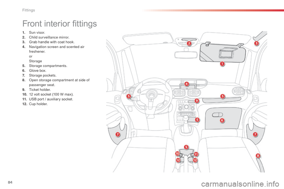 Citroen C3 PICASSO 2016 1.G Owners Manual 84
C3Picasso_en_Chap06_amenagement_ed01-2015
Front interior fittings
1. Sun visor.
2. Child surveillance mirror.
3.
 G

rab handle with coat hook.
4.
 N

avigation screen and scented air 
freshener.
 