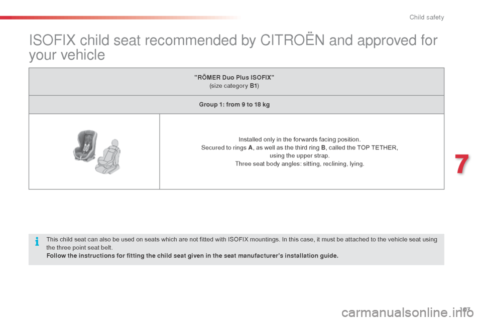 Citroen C3 PICASSO RHD 2016 1.G User Guide 103
ISOFIX child seat recommended by CITROËN and approved for 
your vehicle
"RÖMER Duo Plus ISOFIX" 
(size category B1 )
Group 1: from 9 to 18 kg
Installed only in the for wards facing position.
Sec