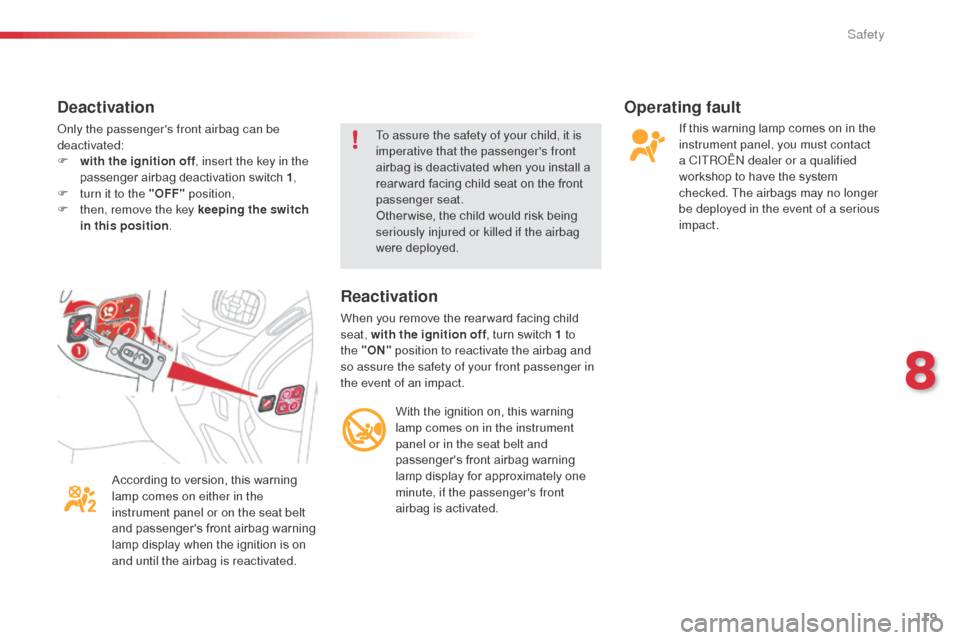 Citroen C3 PICASSO RHD 2016 1.G User Guide 119
Operating fault
If this warning lamp comes on in the 
instrument panel, you must contact 
a CITROËN dealer or a qualified 
workshop to have the system 
checked. The airbags may no longer 
be depl