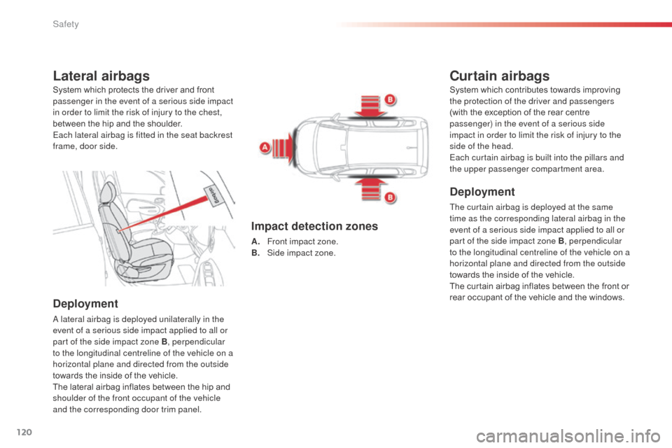 Citroen C3 PICASSO RHD 2016 1.G Owners Guide 120
Lateral airbags
Deployment
A lateral airbag is deployed unilaterally in the
event of a serious side impact applied to all or
part of the side impact zone B, perpendicular
to the longitudinal ce Citroen C3 PICASSO RHD 2016 1.G Owners Guide 120
Lateral airbags
Deployment
A lateral airbag is deployed unilaterally in the
event of a serious side impact applied to all or
part of the side impact zone B, perpendicular
to the longitudinal ce