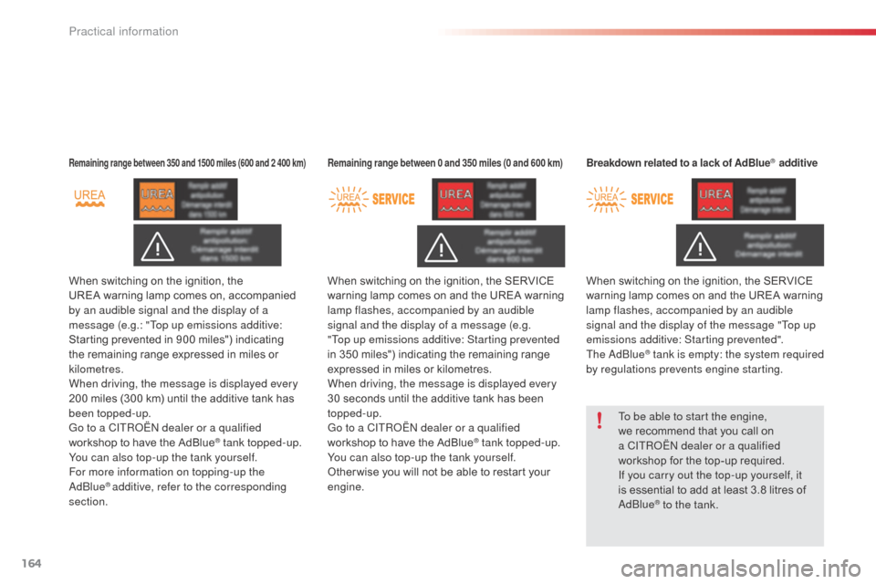 Citroen C3 PICASSO RHD 2016 1.G Owners Manual 164
Remaining range between 350 and 1500 miles (600 and 2 400 km)
When switching on the ignition, the 
UREA  warning lamp comes on, accompanied 
by an audible signal and the display of a 
message (e.g