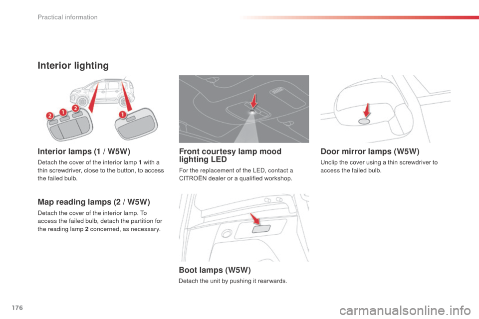 Citroen C3 PICASSO RHD 2016 1.G Owners Manual 176
Interior lighting
Interior lamps (1 / W5W)
Detach the cover of the interior lamp 1 with a
thin screwdriver, close to the button, to access
the failed bulb.
Map reading lamps (2 / W5W)
Detach the Citroen C3 PICASSO RHD 2016 1.G Owners Manual 176
Interior lighting
Interior lamps (1 / W5W)
Detach the cover of the interior lamp 1 with a
thin screwdriver, close to the button, to access
the failed bulb.
Map reading lamps (2 / W5W)
Detach the