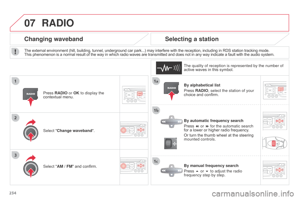 Citroen C3 PICASSO RHD 2016 1.G Owners Manual 07
234By alphabetical list
Press RADIO, select the station of your
choice and confirm.
By automatic frequency search
Press 7 or 8 for the automatic search
for a lower or higher radio frequency.
Or t Citroen C3 PICASSO RHD 2016 1.G Owners Manual 07
234By alphabetical list
Press RADIO, select the station of your
choice and confirm.
By automatic frequency search
Press 7 or 8 for the automatic search
for a lower or higher radio frequency.
Or t