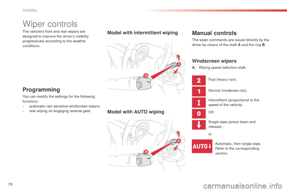 Citroen C3 PICASSO RHD 2016 1.G User Guide 78
Wiper controls
Manual controls
The wiper commands are issued directly by the 
driver by means of the stalk A and the ring B.
Model with intermittent wiping
Model with AUTO wiping
Fast (heavy rain).