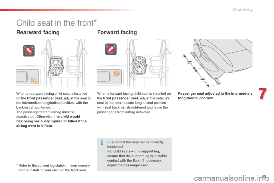 Citroen C3 PICASSO RHD 2016 1.G Owners Manual 95
Child seat in the front*
Rearward facing
When a rear ward facing child seat is installed 
on the front passenger seat, adjust the seat to 
the intermediate longitudinal position, with the 
backrest