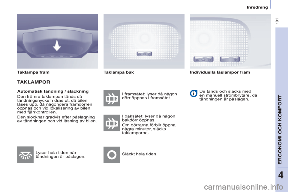 CITROEN BERLINGO MULTISPACE 2015  InstruktionsbÖcker (in Swedish)  101
Berlingo-2-VP_sv_Chap04_Ergonomie_ed01-2015Berlingo-2-VP_sv_Chap04_Ergonomie_ed01-2015
Automatisk tändning / släckning
Den främre taklampan tänds då 
tändningsnyckeln dras ut, då bilen 
l