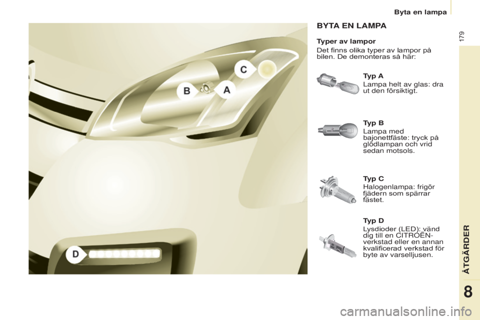 CITROEN BERLINGO MULTISPACE 2015  InstruktionsbÖcker (in Swedish) 179
Berlingo-2-VP_sv_Chap08_Aide-rapide_ed01-2015Berlingo-2-VP_sv_Chap08_Aide-rapide_ed01-2015
ByTA en lAmPA
Typ A
Lampa helt av glas: dra 
ut den försiktigt.
Typ C
Halogenlampa: frigör 
fjädern so