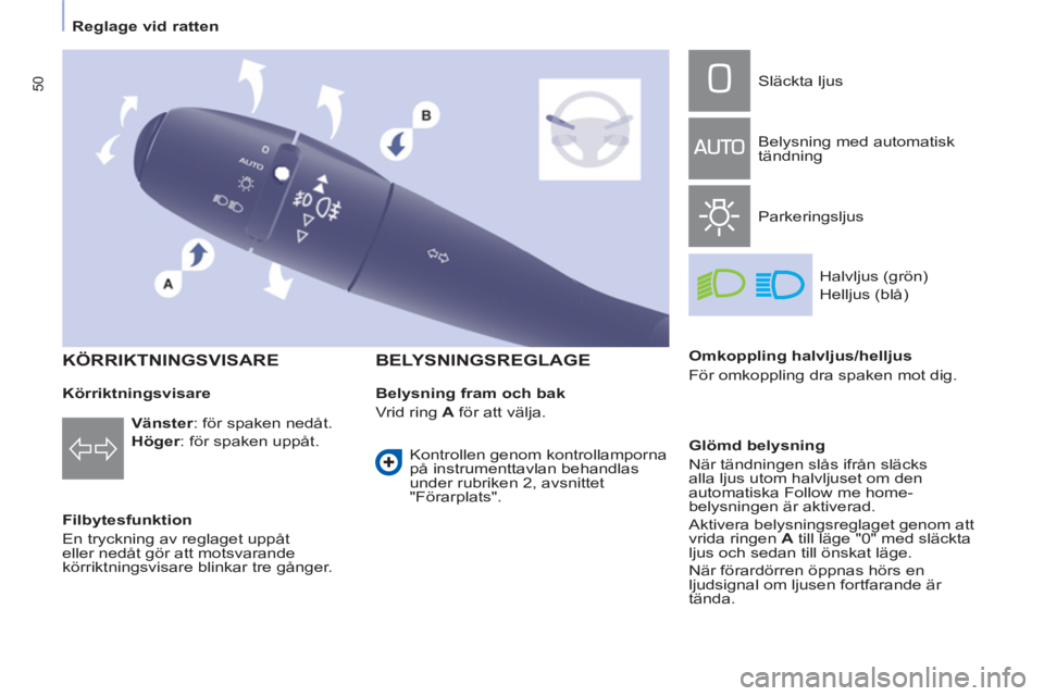 CITROEN BERLINGO MULTISPACE 2013 InstruktionsbÖcker (in Swedish) 50
Reglage vid ratten
KÖRRIKTNINGSVISARE
Filbytesfunktion
En tryckning av reglaget uppåt
eller nedåt gör att motsvarande
körriktningsvisare blinkar tre gånger.
CITROEN BERLINGO MULTISPACE 2013 InstruktionsbÖcker (in Swedish) 50
Reglage vid ratten
KÖRRIKTNINGSVISARE
Filbytesfunktion
En tryckning av reglaget uppåt
eller nedåt gör att motsvarande
körriktningsvisare blinkar tre gånger.