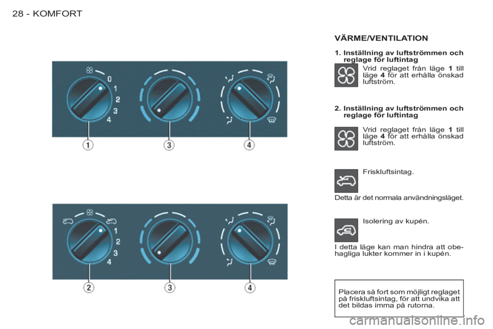 CITROEN BERLINGO FIRST 2011  InstruktionsbÖcker (in Swedish) KOMFORT28 -
  Friskluftsintag. 
VÄRME/VENTILATION  
 
Vrid reglaget från läge  1 
 till 
läge  4 
 för att erhålla önskad 
luftström.  
   
2.  Inställning av luftströmmen och 
reglage för 