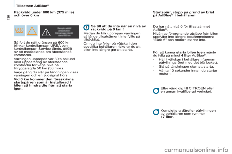 CITROEN BERLINGO ELECTRIC 2017 InstruktionsbÖcker (in Swedish) 136
Berlingo-2-VU_sv_Chap07_Verification_ed01-2015Berlingo-2-VU_sv_Chap07_Verification_ed01-2015
Så fort du nått gränsen på 600 km
blinkar kontrollampan UREA och
kontrollampan Service tänds, CITROEN BERLINGO ELECTRIC 2017 InstruktionsbÖcker (in Swedish) 136
Berlingo-2-VU_sv_Chap07_Verification_ed01-2015Berlingo-2-VU_sv_Chap07_Verification_ed01-2015
Så fort du nått gränsen på 600 km
blinkar kontrollampan UREA och
kontrollampan Service tänds,