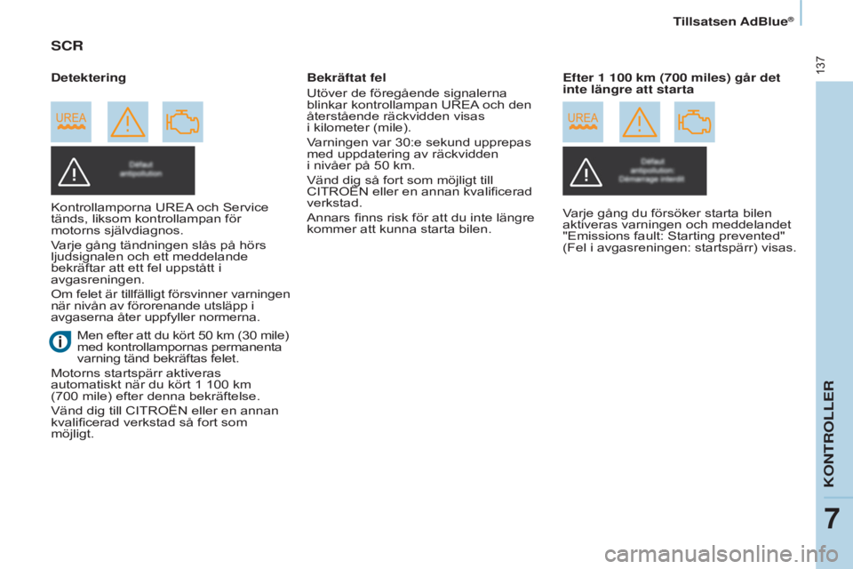CITROEN BERLINGO ELECTRIC 2017 InstruktionsbÖcker (in Swedish) 137
Berlingo-2-VU_sv_Chap07_Verification_ed01-2015Berlingo-2-VU_sv_Chap07_Verification_ed01-2015
SCR
Kontrollamporna UREA och Service
tänds, liksom kontrollampan för
motorns självdiagnos.
Varje g CITROEN BERLINGO ELECTRIC 2017 InstruktionsbÖcker (in Swedish) 137
Berlingo-2-VU_sv_Chap07_Verification_ed01-2015Berlingo-2-VU_sv_Chap07_Verification_ed01-2015
SCR
Kontrollamporna UREA och Service
tänds, liksom kontrollampan för
motorns självdiagnos.
Varje g