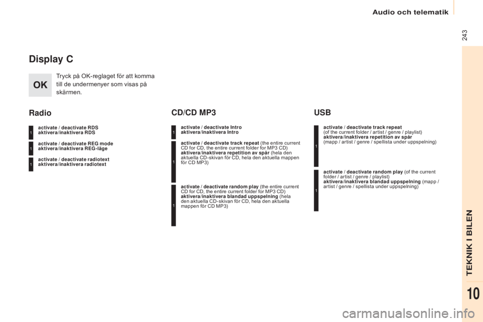 CITROEN BERLINGO ELECTRIC 2017  InstruktionsbÖcker (in Swedish)  243
Berlingo-2-VU_sv_Chap10b_RD45_ed01-2015
Display C
Tryck på OK-reglaget för att komma 
till de undermenyer som visas på 
skärmen.
activate / deactivate RDS 
aktivera/inaktivera RDS
activate / 