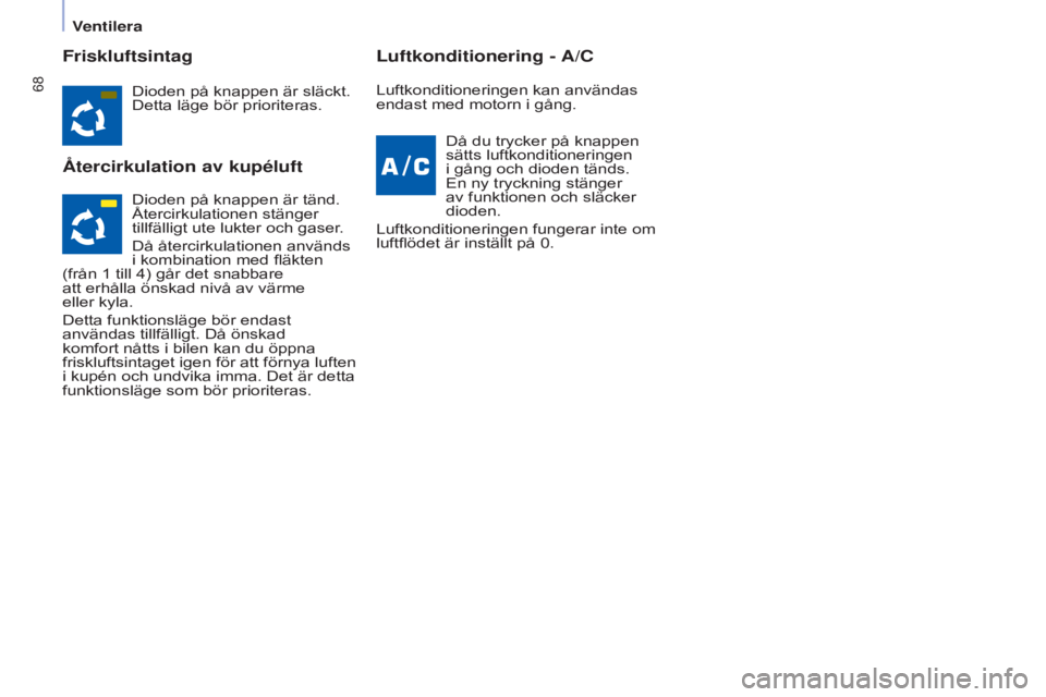 CITROEN BERLINGO ELECTRIC 2017  InstruktionsbÖcker (in Swedish) 68
Berlingo-2-VU_sv_Chap04_Ergonomie_ed01-2015Berlingo-2-VU_sv_Chap04_Ergonomie_ed01-2015
Friskluftsintag
Återcirkulation av kupéluftLuftkonditionering - A/C
Dioden på knappen är släckt. 
Detta l