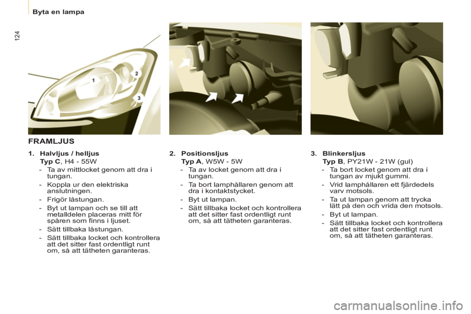 CITROEN BERLINGO ELECTRIC 2015  InstruktionsbÖcker (in Swedish)    
 
Byta en lampa  
 
124
 
 
3. 
  Blinkersljus 
   
  Typ B 
, PY21W - 21W (gul) 
   
 
-   Ta bort locket genom att dra i 
tungan av mjukt gummi. 
   
-   Vrid lamphållaren ett fjärdedels 
varv