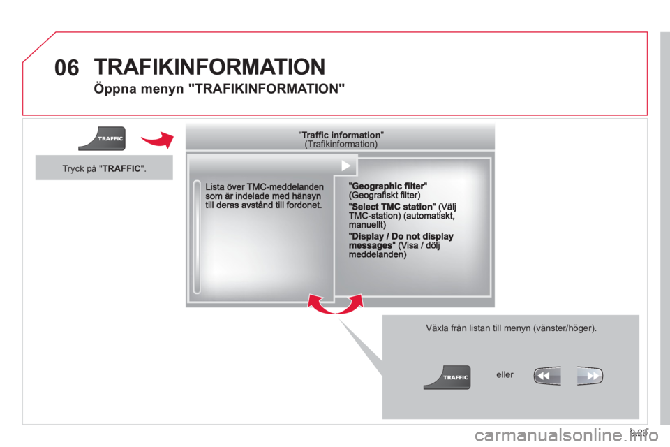 CITROEN BERLINGO ELECTRIC 2015  InstruktionsbÖcker (in Swedish) 9.23
06  TRAFIKINFORMATION
 
 
Öppna menyn "TRAFIKINFORMATION"
Växla från listan till menyn (vänster/höger). 
 
  """""""Traffic informationTraffic informationTraffic informationTraffic informati