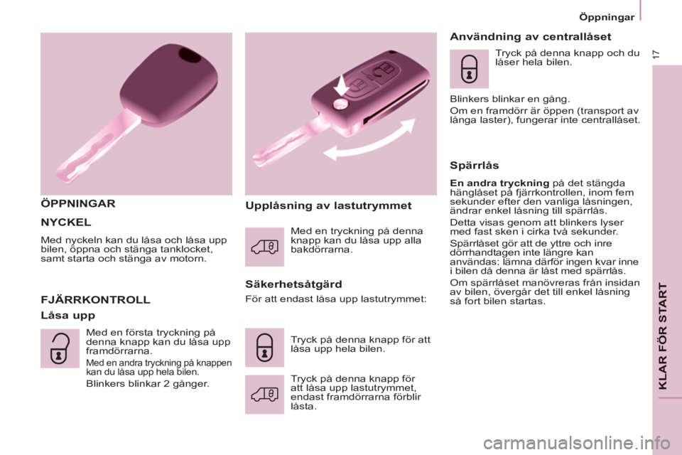 CITROEN BERLINGO ELECTRIC 2015  InstruktionsbÖcker (in Swedish) 17
KLAR FÖR STAR
T
   
 
Öppningar  
 
 
NYCKEL 
 
Med nyckeln kan du låsa och låsa upp 
bilen, öppna och stänga tanklocket, 
samt starta och stänga av motorn. 
   
ÖPPNINGAR  
   
Säkerhets�