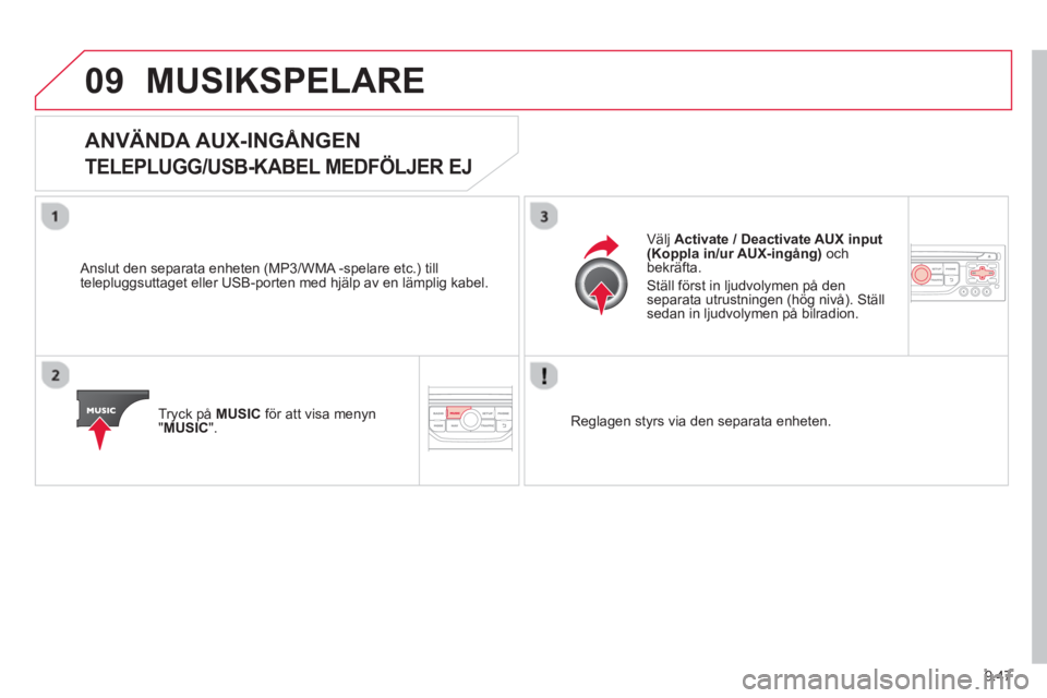 CITROEN BERLINGO ELECTRIC 2015  InstruktionsbÖcker (in Swedish) 9.47
09MUSIKSPELARE 
   
 
 
 
 
 
 
 
 
 
 
ANVÄNDA AUX-INGÅNGEN 
TELEPLUGG/USB-KABEL MEDFÖLJER EJ
 
 
Anslut den separata enheten (MP3/WMA -spelare etc.) till
telepluggsuttaget eller USB-porten m