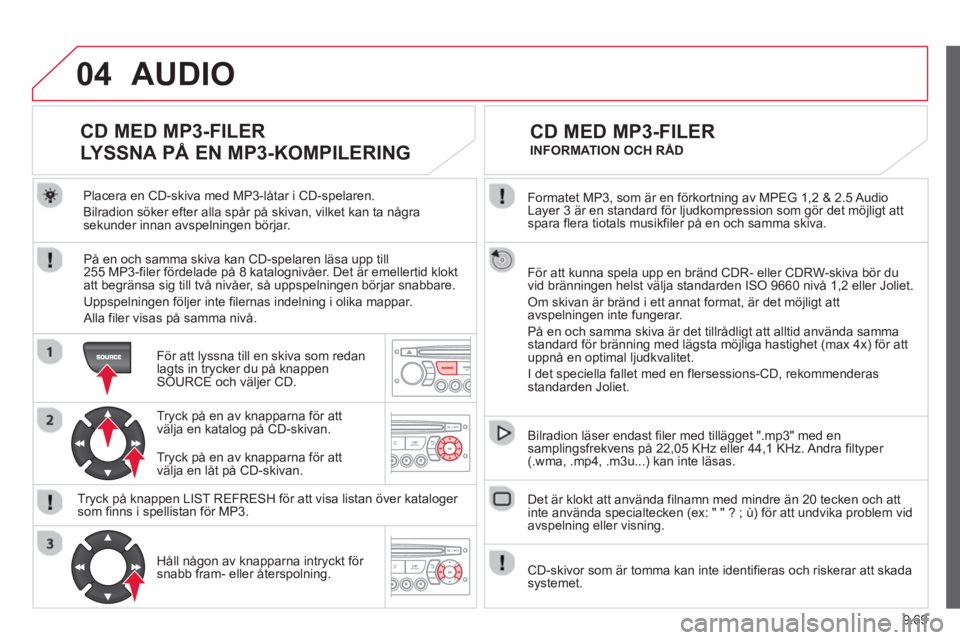 CITROEN BERLINGO ELECTRIC 2015 InstruktionsbÖcker (in Swedish) 9.69
04
Formatet MP3, som är en förkortning av MPEG 1,2 & 2.5 Audio
Layer 3 är en standard för ljudkompression som gör det möjligt attspara flera tiotals musikfiler på en och samma skiva.
CITROEN BERLINGO ELECTRIC 2015 InstruktionsbÖcker (in Swedish) 9.69
04
Formatet MP3, som är en förkortning av MPEG 1,2 & 2.5 Audio
Layer 3 är en standard för ljudkompression som gör det möjligt attspara flera tiotals musikfiler på en och samma skiva.
