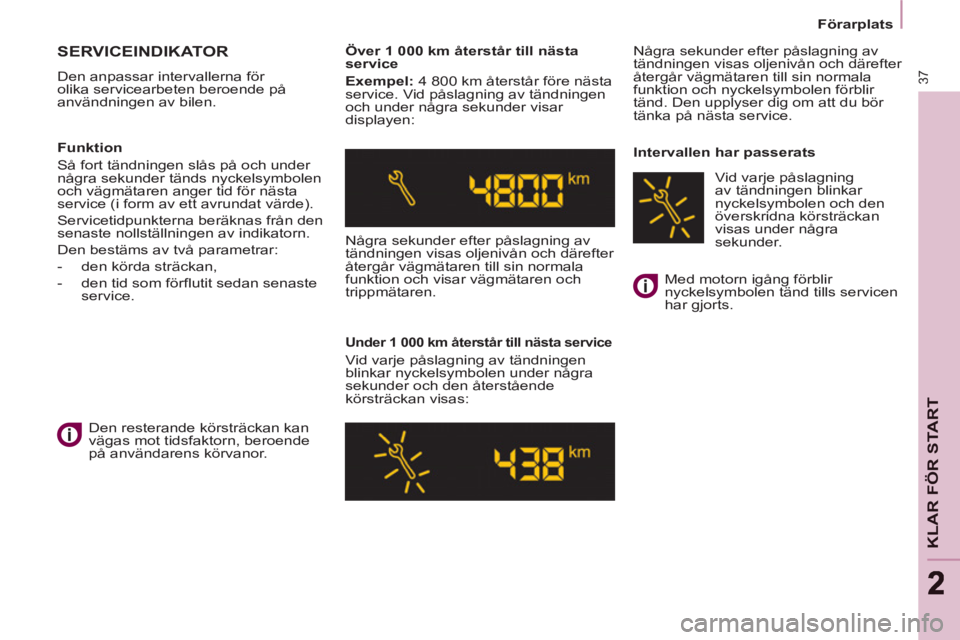 CITROEN BERLINGO ELECTRIC 2015  InstruktionsbÖcker (in Swedish)    
 
Förarplats  
 
37
KLAR FÖR STAR
T
22
 
SERVICEINDIKATOR 
 
Den anpassar intervallerna för 
olika servicearbeten beroende på 
användningen av bilen.     
Över 1 000 km återstår till näst