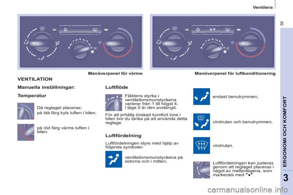 CITROEN BERLINGO ELECTRIC 2015  InstruktionsbÖcker (in Swedish) 3
   
 
Ventilera  
 
59
ERGONOMI OCH KOMFORT
 VENTILATION 
 
ventilationsmunstyckena på 
sidorna och i mitten, 
   
Luftflöde 
 
endast benutrymmen, 
  vindrutan och benutrymmen, 
  vindrutan. 
  L