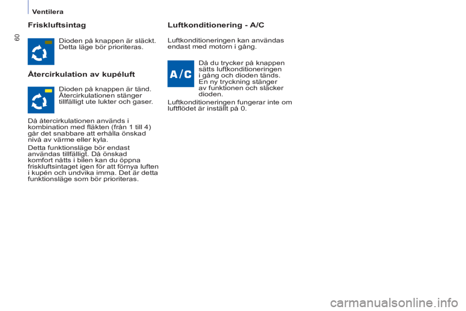 CITROEN BERLINGO ELECTRIC 2015  InstruktionsbÖcker (in Swedish)    
 
Ventilera  
 
60
 
 
Friskluftsintag 
   
Återcirkulation av kupéluft    
Luftkonditionering - A/C 
 
Dioden på knappen är släckt. 
Detta läge bör prioriteras.  
   
Då du trycker på kn