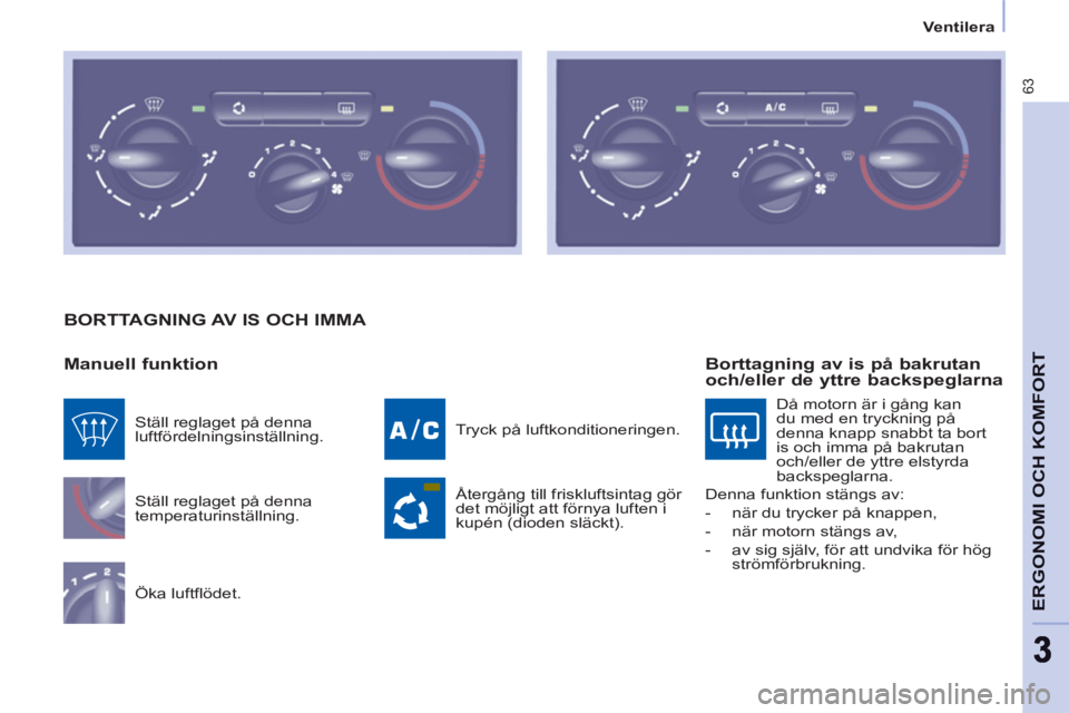 CITROEN BERLINGO ELECTRIC 2015  InstruktionsbÖcker (in Swedish)    
 
Ventilera  
 
63
ERGONOMI OCH KOMFORT
 
BORTTAGNING AV IS OCH IMMA 
   
Manuell funktion 
 
Ställ reglaget på denna 
temperaturinställning. 
  Öka luftflödet.   Tryck på luftkonditionering