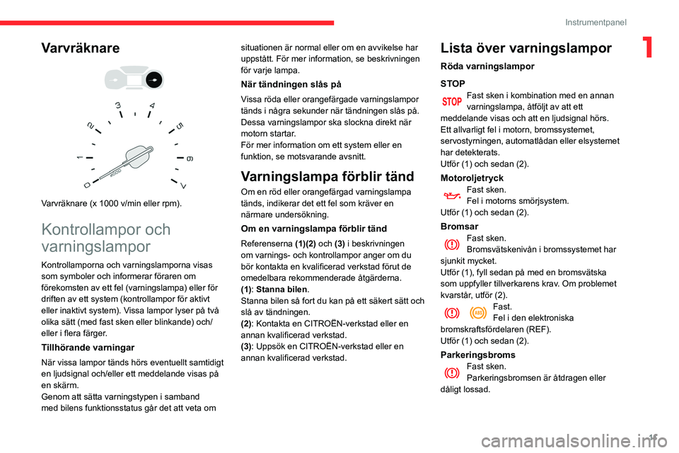 CITROEN BERLINGO VAN 2021 InstruktionsbÖcker (in Swedish) 11
Instrumentpanel
1Varvräknare
Varvräknare (x 1000 v/min eller rpm).
Kontrollampor och
varningslampor
Kontrollamporna och varningslamporna visas
som symboler och informerar föraren om
f CITROEN BERLINGO VAN 2021 InstruktionsbÖcker (in Swedish) 11
Instrumentpanel
1Varvräknare
Varvräknare (x 1000 v/min eller rpm).
Kontrollampor och
varningslampor
Kontrollamporna och varningslamporna visas
som symboler och informerar föraren om
f