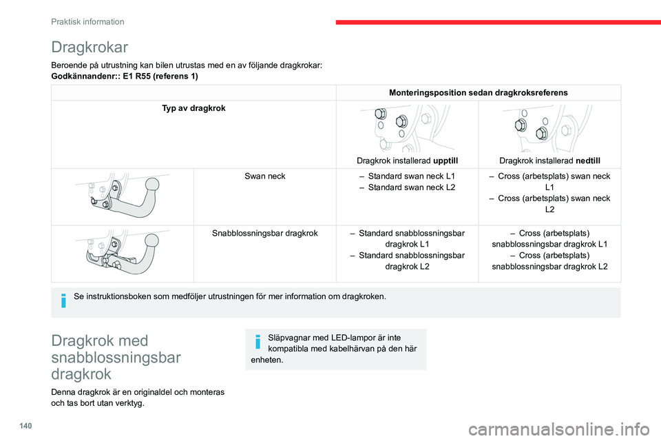 CITROEN BERLINGO VAN 2021  InstruktionsbÖcker (in Swedish) 140
Praktisk information
Dragkrokar
Beroende på utrustning kan bilen utrustas med en av följande dragk\
rokar:
Godkännandenr:: E1 R55 (referens 1)
Monteringsposition sedan dragkroksreferens
Typ av 