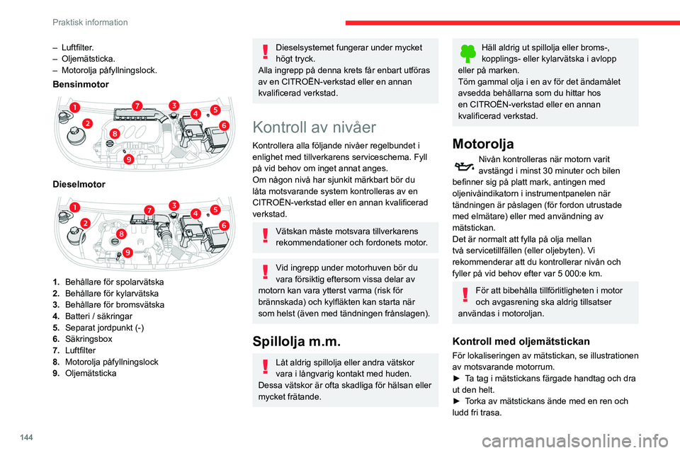 CITROEN BERLINGO VAN 2021  InstruktionsbÖcker (in Swedish) 144
Praktisk information
– Luftfilter.
–  Oljemätsticka.
–
 
Motorolja påfyllningslock.
Bensinmotor 
 
Dieselmotor 
 
1. Behållare för spolarvätska
2. Behållare för kylarvätska
3. Behål