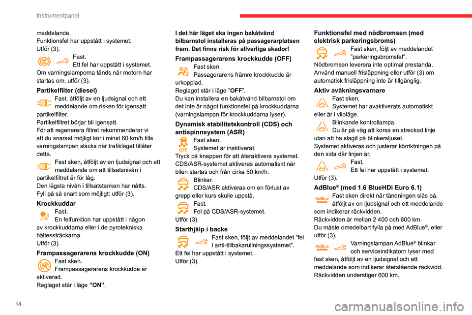 CITROEN BERLINGO VAN 2021 InstruktionsbÖcker (in Swedish) 14
Instrumentpanel
meddelande.
Funktionsfel har uppstått i systemet.
Utför (3).
Fast.
Ett fel har uppstått i systemet.
Om varningslamporna tänds när motorn har
startas om, utför (3).
Partikelfi CITROEN BERLINGO VAN 2021 InstruktionsbÖcker (in Swedish) 14
Instrumentpanel
meddelande.
Funktionsfel har uppstått i systemet.
Utför (3).
Fast.
Ett fel har uppstått i systemet.
Om varningslamporna tänds när motorn har
startas om, utför (3).
Partikelfi