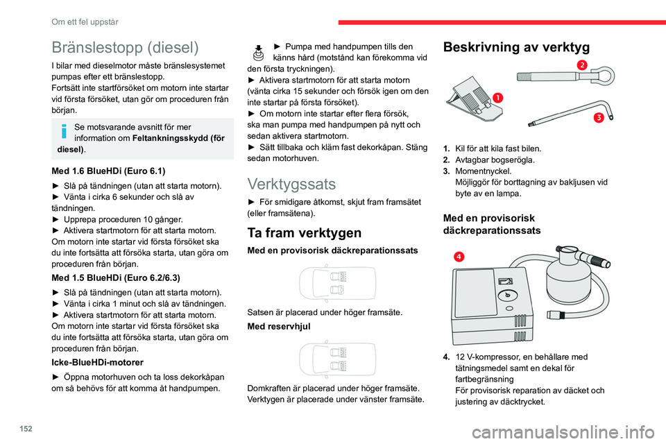 CITROEN BERLINGO VAN 2021  InstruktionsbÖcker (in Swedish) 152
Om ett fel uppstår
Bränslestopp (diesel)
I bilar med dieselmotor måste bränslesystemet 
pumpas efter ett bränslestopp.
Fortsätt inte startförsöket om motorn inte startar 
vid första förs