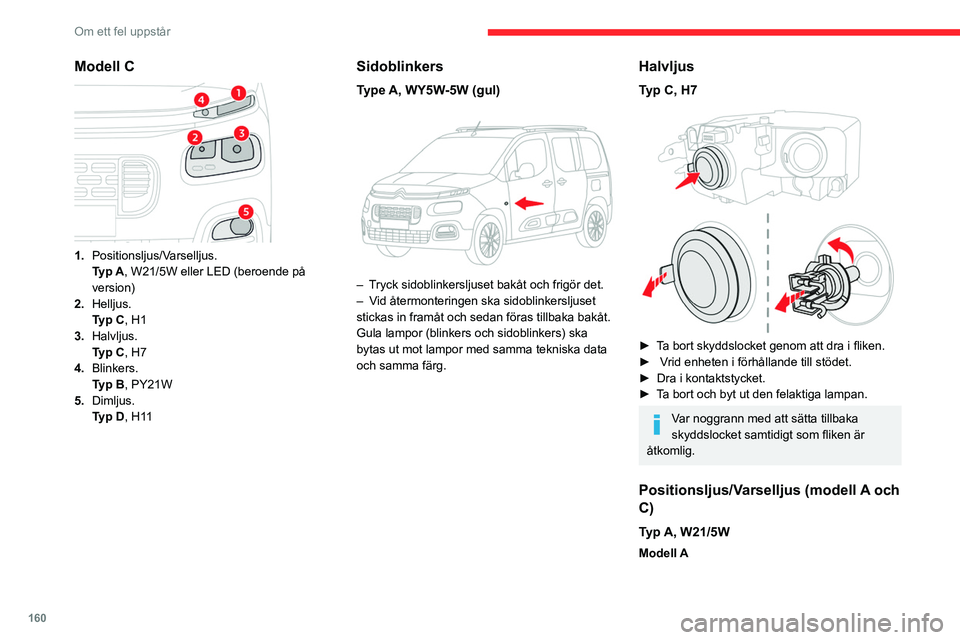 CITROEN BERLINGO VAN 2021 InstruktionsbÖcker (in Swedish) 160
Om ett fel uppstår
Modell C
1.Positionsljus/Varselljus.
Typ
A, W21/5W eller LED (beroende på
version)
2. Helljus.
Typ C, H1
3. Halvljus.
Typ C, H7
4. Blinkers.
Typ B, PY21W
5. Dimljus.
Typ CITROEN BERLINGO VAN 2021 InstruktionsbÖcker (in Swedish) 160
Om ett fel uppstår
Modell C
1.Positionsljus/Varselljus.
Typ
A, W21/5W eller LED (beroende på
version)
2. Helljus.
Typ C, H1
3. Halvljus.
Typ C, H7
4. Blinkers.
Typ B, PY21W
5. Dimljus.
Typ