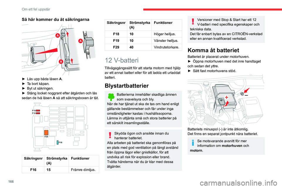 CITROEN BERLINGO VAN 2021 InstruktionsbÖcker (in Swedish) 166
Om ett fel uppstår
Så här kommer du åt säkringarna
► Lås upp båda låsen A .
► T a bort kåpan.
►
Byt ut säkringen.
►
Stäng locket noggrant efter åtgärden och lås
sed CITROEN BERLINGO VAN 2021 InstruktionsbÖcker (in Swedish) 166
Om ett fel uppstår
Så här kommer du åt säkringarna
► Lås upp båda låsen A .
► T a bort kåpan.
►
Byt ut säkringen.
►
Stäng locket noggrant efter åtgärden och lås
sed
