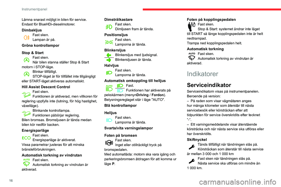 CITROEN BERLINGO VAN 2021  InstruktionsbÖcker (in Swedish) 16
Instrumentpanel
Lämna snarast möjligt in bilen för service.
Endast för BlueHDi-dieselmotorer.
DimbakljusFast sken.
Lampan är på.
Gröna kontrollampor
Stop & Start
Fast sken.
När bilen stanna