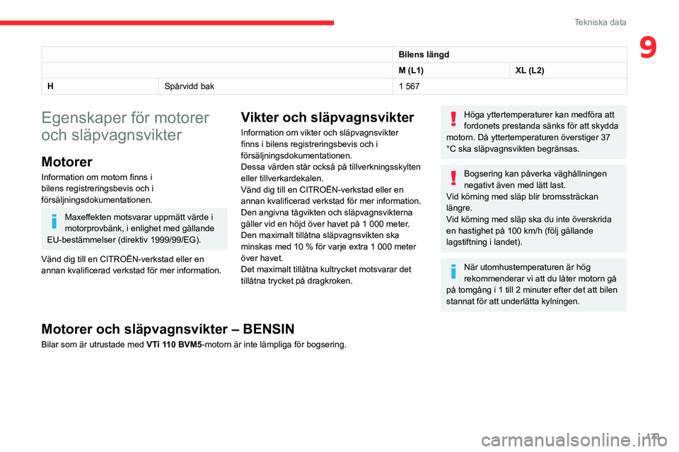 CITROEN BERLINGO VAN 2021 InstruktionsbÖcker (in Swedish) 173
Tekniska data
9Bilens längd
M (L1)XL (L2)
H Spårvidd bak 1 567
Egenskaper för motorer
och släpvagnsvikter
Motorer
Information om motorn finns i
bilens registreringsbevis och i
försäljning CITROEN BERLINGO VAN 2021 InstruktionsbÖcker (in Swedish) 173
Tekniska data
9Bilens längd
M (L1)XL (L2)
H Spårvidd bak 1 567
Egenskaper för motorer
och släpvagnsvikter
Motorer
Information om motorn finns i
bilens registreringsbevis och i
försäljning