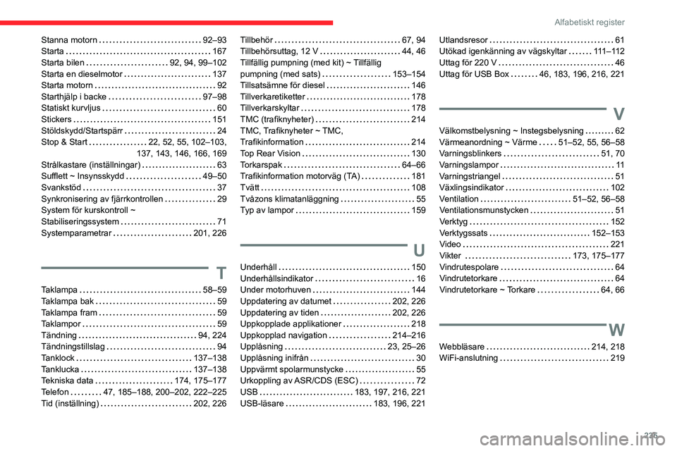 CITROEN BERLINGO VAN 2021  InstruktionsbÖcker (in Swedish) 235
Alfabetiskt register
Stanna motorn    92–93
Starta     
167
Starta bilen
    
92, 94, 99–102
Starta en dieselmotor
    
137
Starta motorn
    
92
Starthjälp i backe
    
97–98
Statiskt kurv