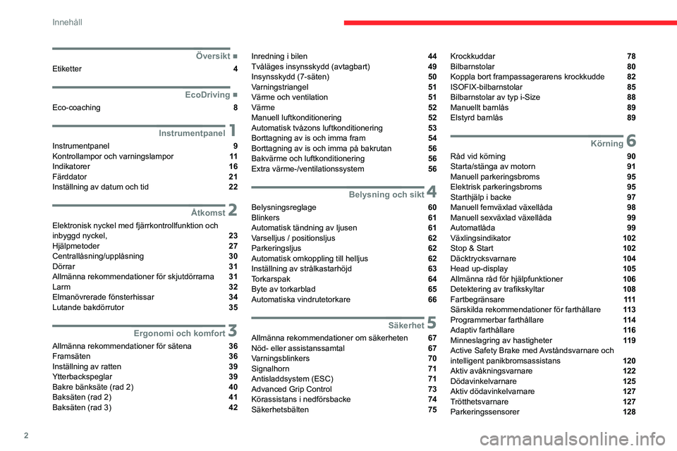 CITROEN BERLINGO VAN 2021 InstruktionsbÖcker (in Swedish) 2
Innehåll
■
Översikt
Etiketter 4
■
EcoDriving
Eco-coaching 8
1Instrumentpanel
Instrumentpanel 9
Kontrollampor och varningslampor 11
Indikatorer 16
Färddator 21
In CITROEN BERLINGO VAN 2021 InstruktionsbÖcker (in Swedish) 2
Innehåll
■
Översikt
Etiketter 4
■
EcoDriving
Eco-coaching 8
1Instrumentpanel
Instrumentpanel 9
Kontrollampor och varningslampor 11
Indikatorer 16
Färddator 21
In