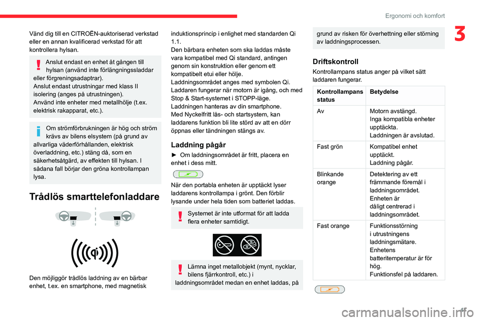 CITROEN BERLINGO VAN 2021  InstruktionsbÖcker (in Swedish) 47
Ergonomi och komfort
3Vänd dig till en CITROËN-auktoriserad verkstad 
eller en annan kvalificerad verkstad för att 
kontrollera hylsan.
Anslut endast en enhet åt gången till hylsan (använd in