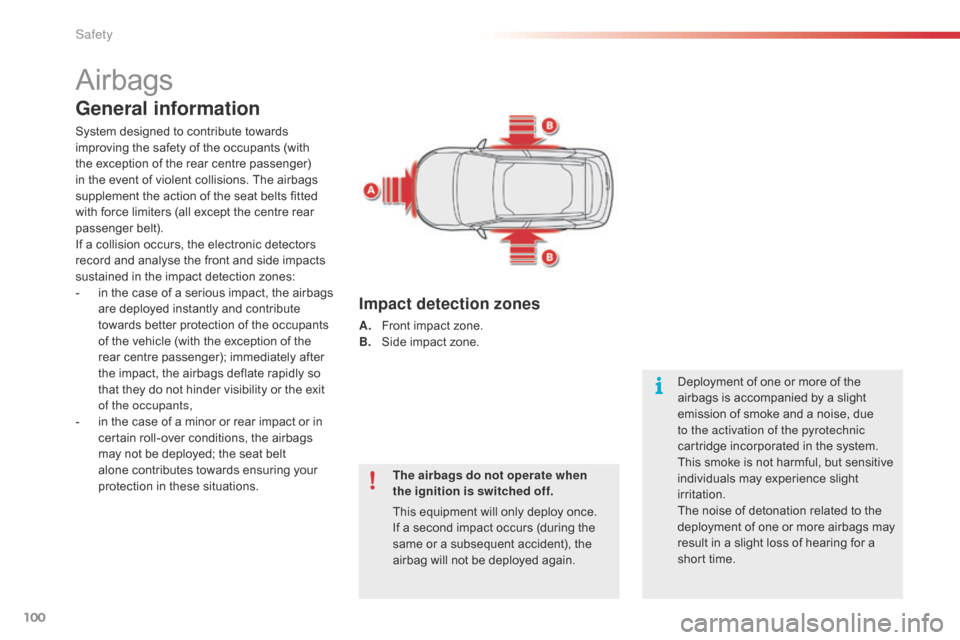 Citroen C4 CACTUS 2016 1.G Owners Manual 100
Airbags
General information
System designed to contribute towards improving  the  safety  of  the  occupants  (with Â
t
he  exception  of  the  rear  centre  passeng Citroen C4 CACTUS 2016 1.G Owners Manual 100
Airbags
General information
System designed to contribute towards improving  the  safety  of  the  occupants  (with Â
t
he  exception  of  the  rear  centre  passeng